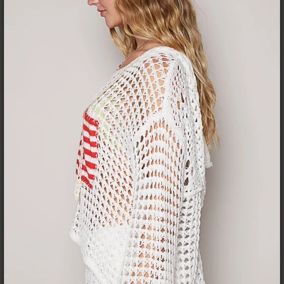 OD23-POL American Flag Crochet Hooded Sweater - Picture 7 of 8